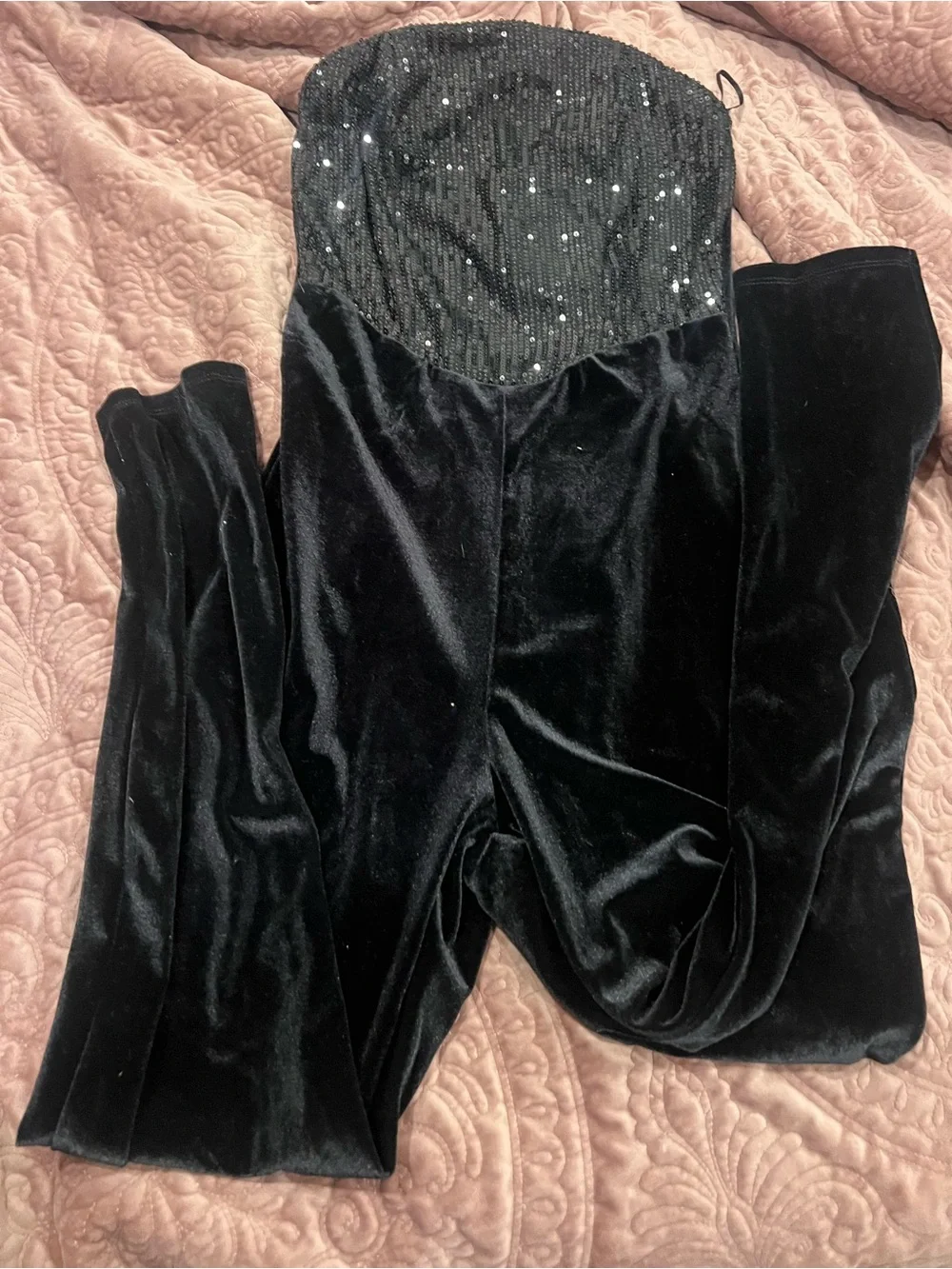 Bozzolo Black Velvet Strapless Sequin Jumpsuit